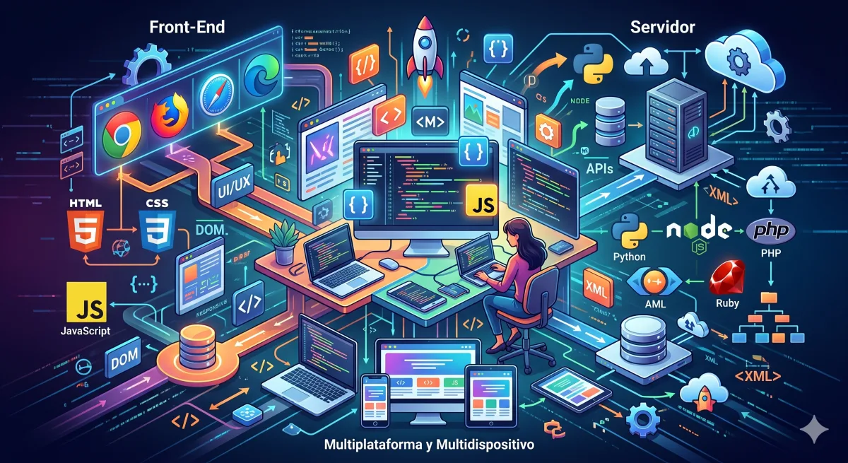 Aplicaciones web. Desarrollo web front-end y en servidor, multiplataforma y multidispositivo. Lenguajes: HTML, XML y sus derivaciones. Navegadores y lenguajes de programación web. Lenguajes de script.