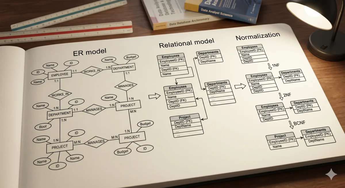 Modelado de datos, metodologías y reglas. Entidades, atributos y relaciones. Diseño de bases de datos. Diseño lógico y físico. El modelo lógico relacional. Normalización.