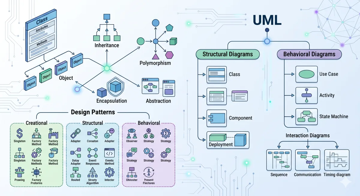Diseño y programación orientada a objetos. Elementos y componentes software: objetos, clases, herencia, métodos, sobrecarga. Ventajas e inconvenientes. Patrones de diseño y lenguaje de modelado unificado (UML).