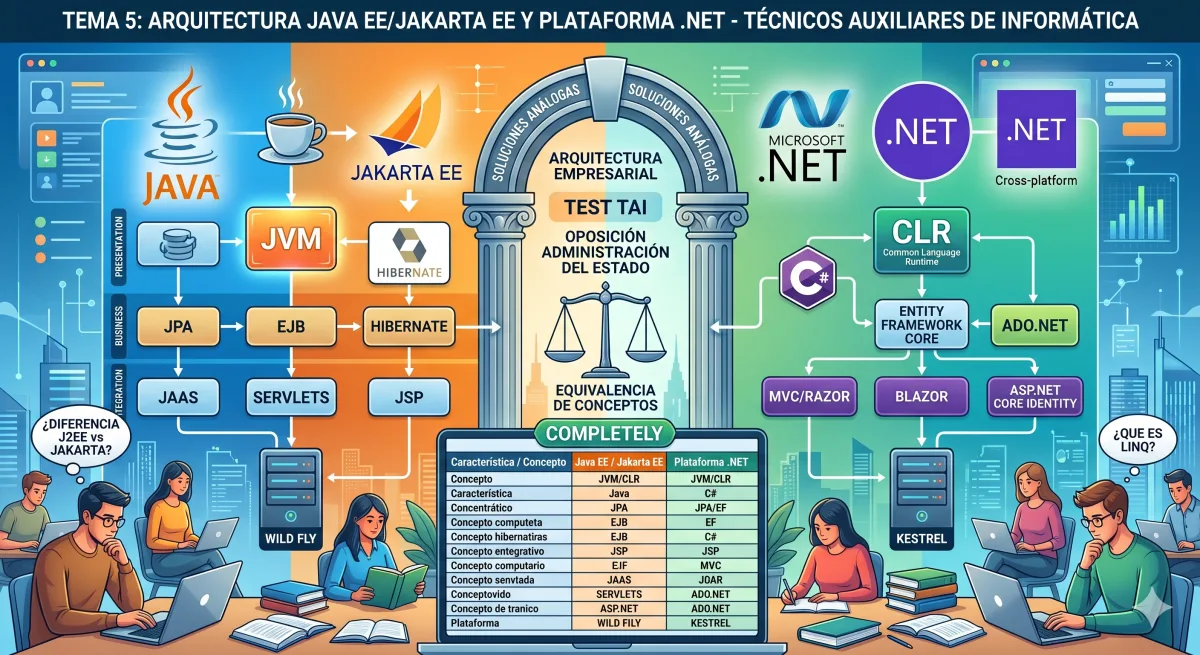Arquitectura Java EE/Jakarta EE y plataforma .NET: componentes, persistencia y seguridad. Características, elementos, lenguajes y funciones en ambos entornos. Desarrollo de Interfaces.